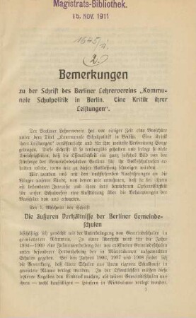 [I.] Die äußeren Verhältnisse der Berliner Gemeindeschulen