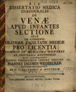 Dissertatio Medica Inauguralis De Venae Apud Infantes Sectione