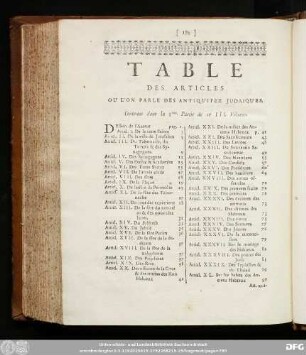Table Des Articles Ou L'On Parle Des Antiquitez Judaiques. Contenus dan la 3me. Partie de ce III. Volume.