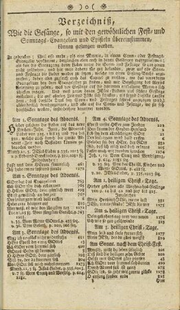 Verzeichniß, Wie die Gesänge, so mit den gewöhnlichen Fest- und Sonntags-Evangelien und Episteln übereinstimmen, können gesunden werden