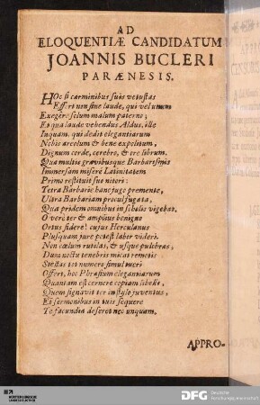 Ad Eloquentiæ Candidatum Joannis Bucleri Parænesis.