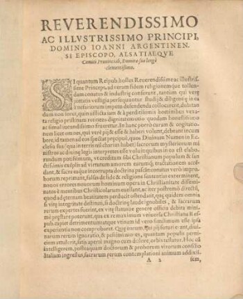 Reverendissimo Ac Illvstrissimo Principi, Domino Ioanni Argentinensi Episcopo, Alsatiaeque Comiti Prouiciali, Domino suo longè clementißimo.
