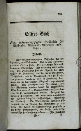 Eilftes Buch. Kurz zusammengezogene Geschichte der Waldenser, Albigenser, Wiklefisten, und Hußiten.