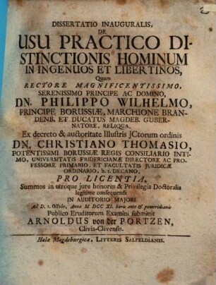 Dissertatio Inauguralis, De Usu Practico Distinctionis Hominum In Ingenuos Et Libertinos