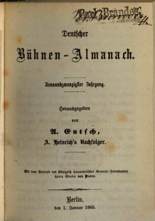 Deutscher Bühnenalmanach. 29, 29. 1865