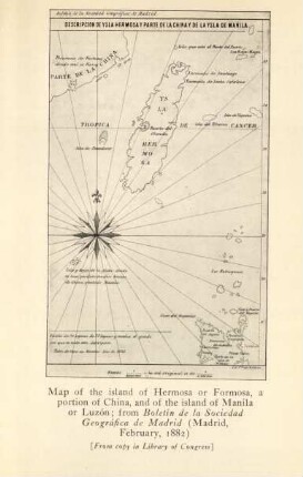 Map of the island of Hermosa or Formosa, a portion of China, and of the island of Manila or Luzón ; from Boletin de la Sociedad Geográfica de Madrid