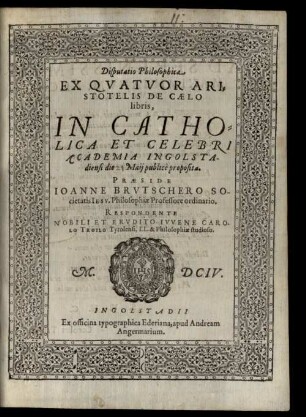 Disputatio philosophica ex quatuor Aristotelis de caelo libris