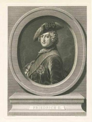 König Friedrich II. von Preußen als Kronprinz (König von 1740-1786) in Zivil, Mütze mit schwarzem Adlerorden, Brustbild in Halbprofil