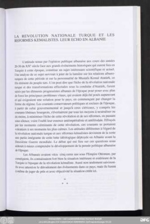 La Revolution Nationale Turque Et Les Reformes Kemalistes. Leur Echo En Albanie