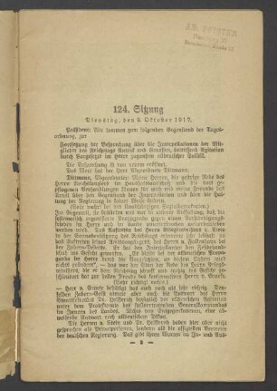 124. Sitzung Dienstag, den 9. Oktober 1917