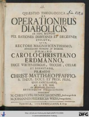 Quaestio Theologica De Operationibus Diabolicis In Hoc Mundo Per Rationes Dubitandi Et Decidendi Evoluta
