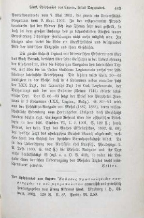 443-445 [Rezension] Epiphanius Constantiensis, Des Epiphanios von Cypern Ekthesis prōtoklēsiōn patriarchōn te kai mētropolitōn