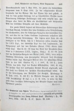 443-445 [Rezension] Epiphanius Constantiensis, Des Epiphanios von Cypern Ekthesis prōtoklēsiōn patriarchōn te kai mētropolitōn