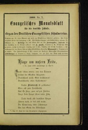 Klage um unsern Fritz : [gestorben] 15. Juni 1888 vormittags 11 Uhr