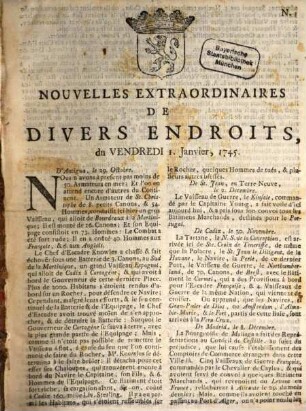 Nouvelles extraordinaires de divers endroits. 1745, 1745
