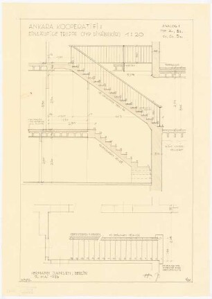 Gesamtbebauungsplan Ankara Ankara Kooperatifi. Haustypen: Generelle Werkplanung, Treppe einläufig (Typ DIYARBEKIR), Längsschnitt und Aufriss der Draufsicht 1:20