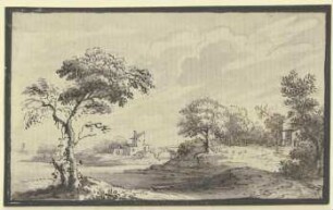 Hügelige Landschaft mit Fluß, Bäumen und Häusern