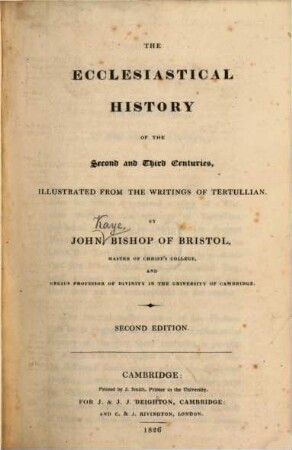 The ecclesiastical history of the second and third centuries, illustrated from the writings of Tertullian