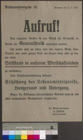 Aufruf der Reichswehrbrigade 10 zur Vermeidung eines Generalstreiks und Aufrechterhaltung der Arbeit