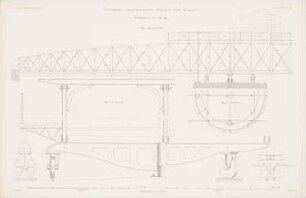 Überbaue amerikanischer Brücken und Viadukte: Grundriss, Seitenansicht, Querschnitt (aus: Atlas zur Zeitschrift für Bauwesen, hrsg. v. G. Erbkam, Jg. 12, 1862)
