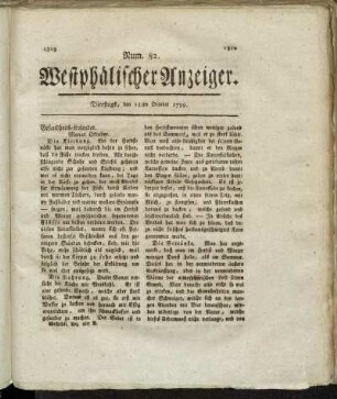 Num. 82. Westphälischer Anzeiger. Dienstags, den 15ten October 1799. - Num. 86. Westphälischer Anzeiger. Dienstags, den 29ten October 1799.