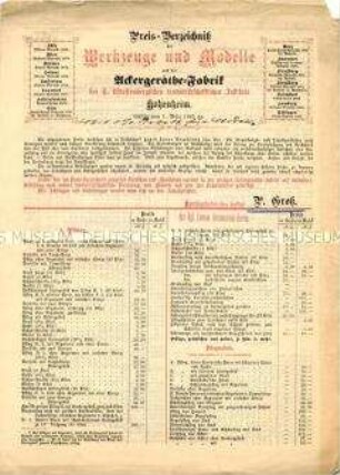 Preis-Verzeichnis der Werkzeuge und Modelle