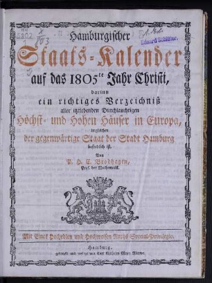 1805: Hamburgischer Staats-Kalender : auf das Jahr