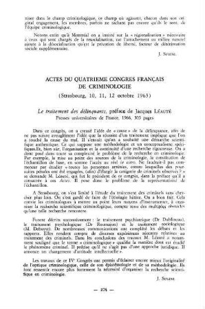 274, Actes du quatrième Congrès français de criminologie (Strasbourg, 10-12 octobre 1963)