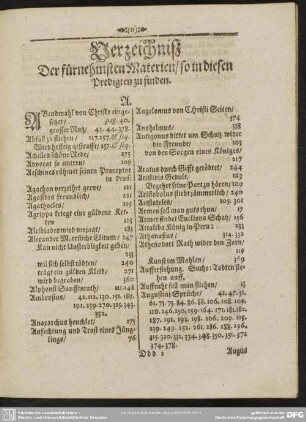 Verzechniß Der fürnehmsten Materien, so in diesen Predigten zu finden