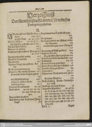 Verzechniß Der fürnehmsten Materien, so in diesen Predigten zu finden