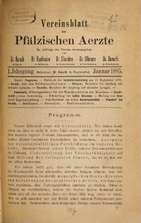 Vereinsblatt der Pfälzischen Ärzte. 1. 1885