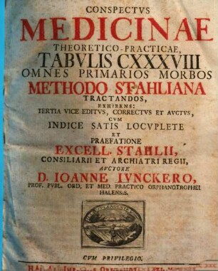 Conspectvs Medicinae Theoretico-Practicae : Tabvlis CXXXVIII Omnes Primarios Morbos Methodo Stahliana Tractandos, Exhibens