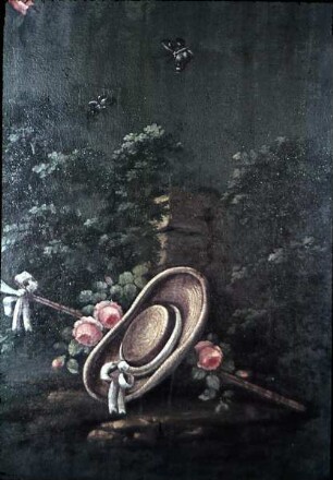 Tapete mit Bändern, Medaillons und Gegenständen — Strohhut mit Stock