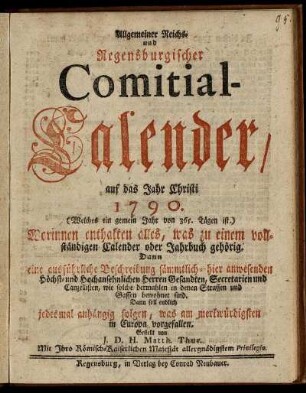 1790: Allgemeiner Reichs- und Regensburgischer Comitial-Calender, auf das Jahr Christi 1790