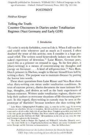 Telling the truth. Counter-discourses in diaries under totalitarian regimes