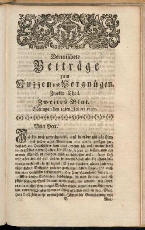 Zweites Blat, ... den 14ten Jenner 1747