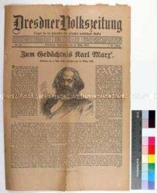 Zeitung "Dresdner Volkszeitung" mit Leitartikel zum 25. Todestag des Gesellschaftstheoretikers Karl Marx