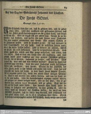 Auf den Tag der Gedächtnüß Johannis des Täuffers. Die Furcht Gottes. Evangel. Luc. I, 57-80