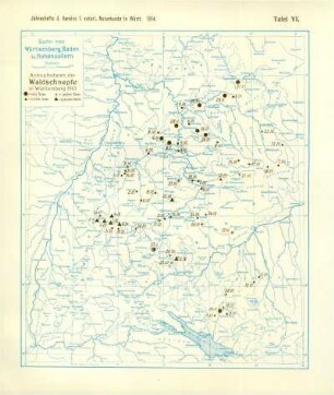 Tafel VI: Karte von Württemberg, Baden und Hohenzollern: Ankunftsdaten des Waldschnepfe in Württemberg 1910