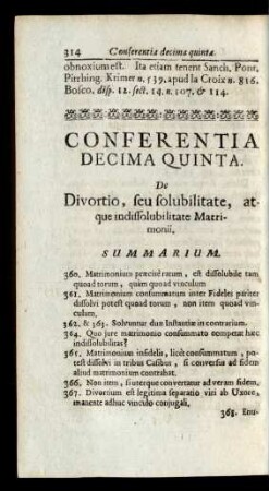 Conferentia Decima Quinta. De Divortio, seu solubilitate, atque indissolubilitate Matrimonii