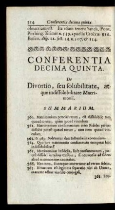 Conferentia Decima Quinta. De Divortio, seu solubilitate, atque indissolubilitate Matrimonii