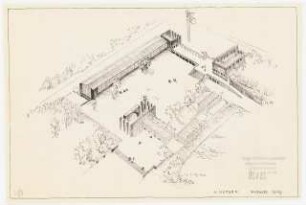 Deutsche Gartenschau 1950 auf dem Killesberg, Stuttgart: Perspektivische Ansicht (Vogelschau) Hallen