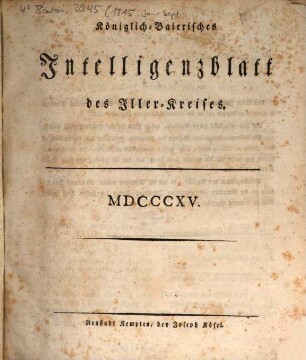 Königlich Baierisches Intelligenz-Blatt des Iller-Kreises. 1815,Jan./Sept.