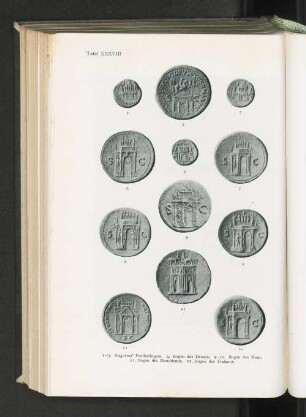 Tafel XXXVIII 1-3. Augustus' Partherbogen. 4. Bogen des Drusus. 5-10. Bogen des Nero. 11. Bogen des Domitianus. 12. Bogen des Traianus