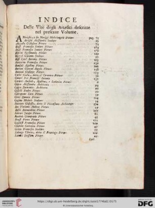 Indice delle vite degli Artefici descritte nel prefene Volume