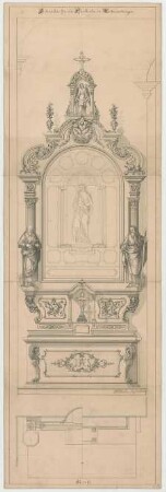 Müller, Josef Anton; Untermeitingen; Pfarrkirche - Seitenaltar (Grundriss m. Schnitt, Ansicht)