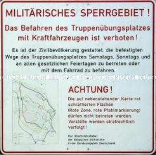 Warnschild vom Truppenübungsplatz "Wahner Heide" (mit Übersichtskarte)
