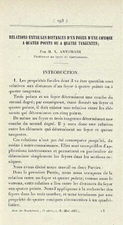 Relations entre les distances d´un foyer d´une conique a qutre points ou a quatre tangentes.