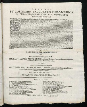 Decanus Et Collegium Facultatis Philosophicae In Perantiqua Universitate Tubingensi Lectoribus Salutem