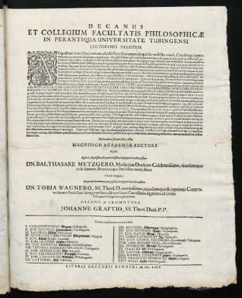 Decanus Et Collegium Facultatis Philosophicae In Perantiqua Universitate Tubingensi Lectoribus Salutem